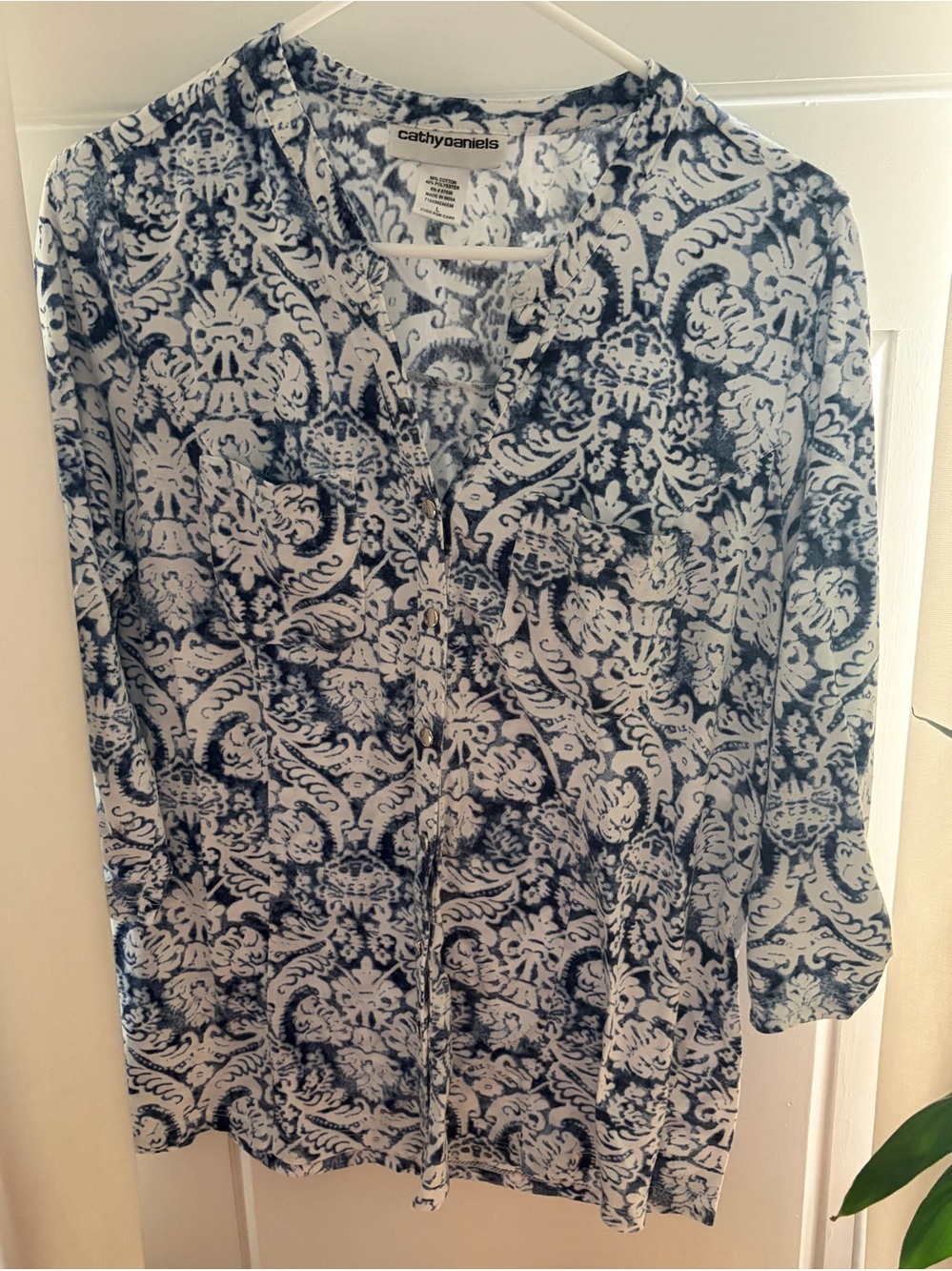 Cathy Daniels Blue White 3/4 Sleeve Blouse Size L